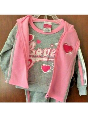 Girls Diva 3-Piece S/S Hoodie L/S Top Set With Love Print Pink Gray Size 18M NWT